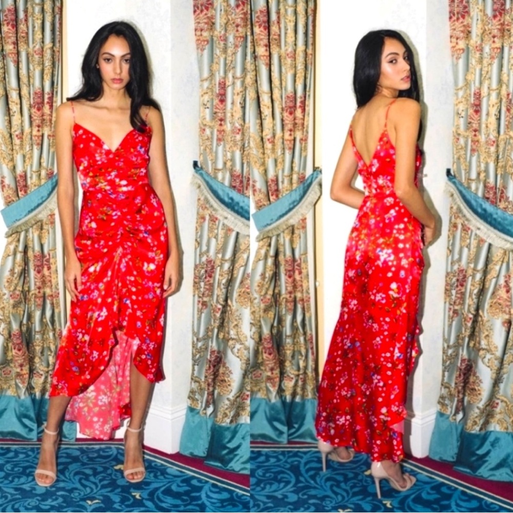 SAU LEE Satin Sofia Red Floral Dress